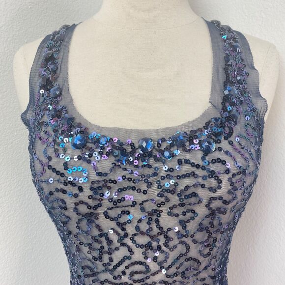 Twenty One Dark Blue Sheer Sequin and Beaded Tank Top Small Sexy Party Festival - Picture 2 of 9